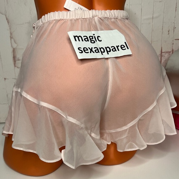 VS XS S M L XL SHEER RUFFLES CHIFFON SLEEP SHORTS PAJAMAS LOUNGE BUTTONS PINK - Picture 2 of 3